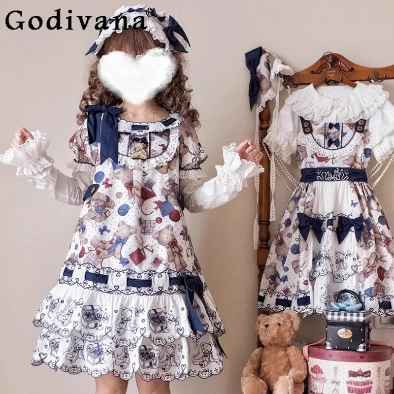 

Original Lolita Style Op Dress 2025 Summer Clothes New Japanese Sweet Girl Cute Cartoon Print Temperament Short Dresses Women