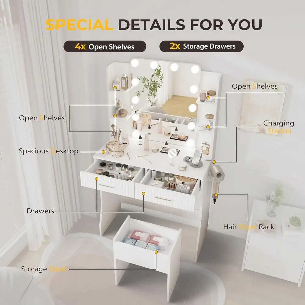 مكتب مكياج أبيض مضاء بإضاءة LED مع إضاءة قابلة للتعديل وأدراج تخزين وأرفف، كامل مع مقعد #6