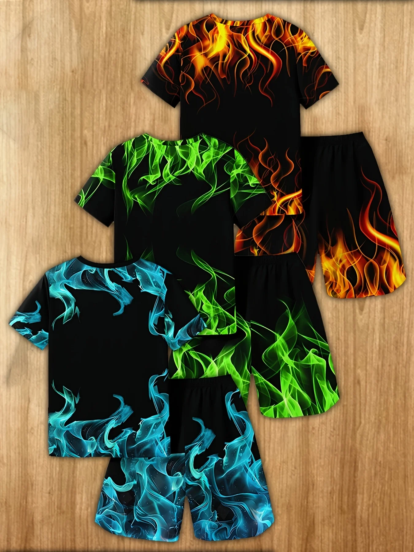 3D Flame Printed Casual Clothing T-shirt and Shorts Set with Bright Colors Suitable for Summer Clothing