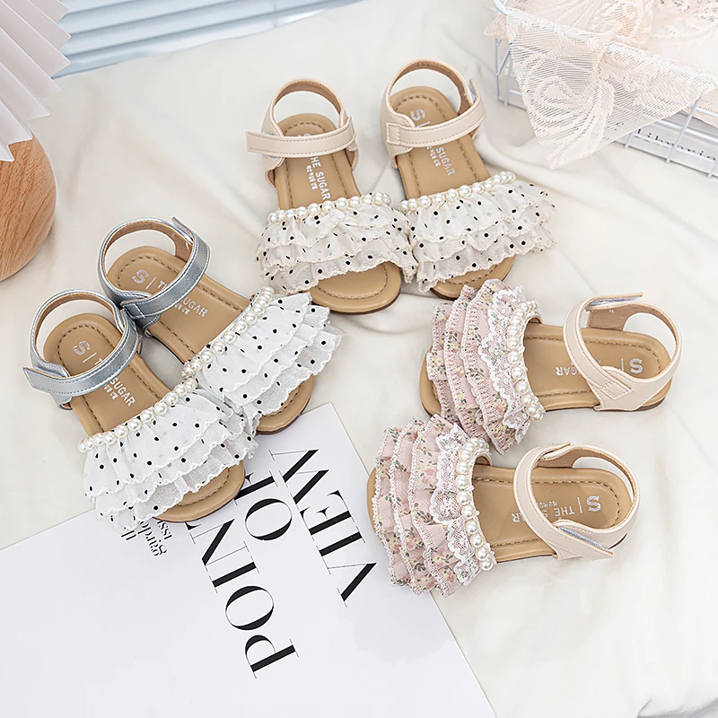 Girls Sandals Sweet Beading Korean Style Kids Princess Beach Shoes Open Toes Soft Sole 2026 Summer New Children Casual Shoes