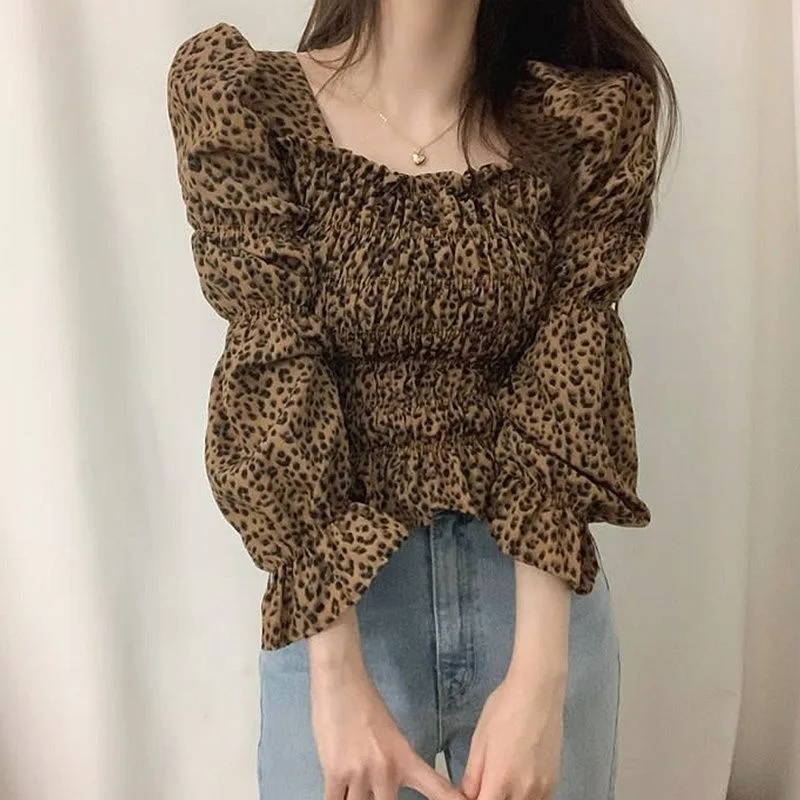 Women Casual Long Sleeve Cotton Linen Loose Shirt Elegant Solid Harajuku Leopard print Blouse Vintage Tops Y2K Streetwear Tunic