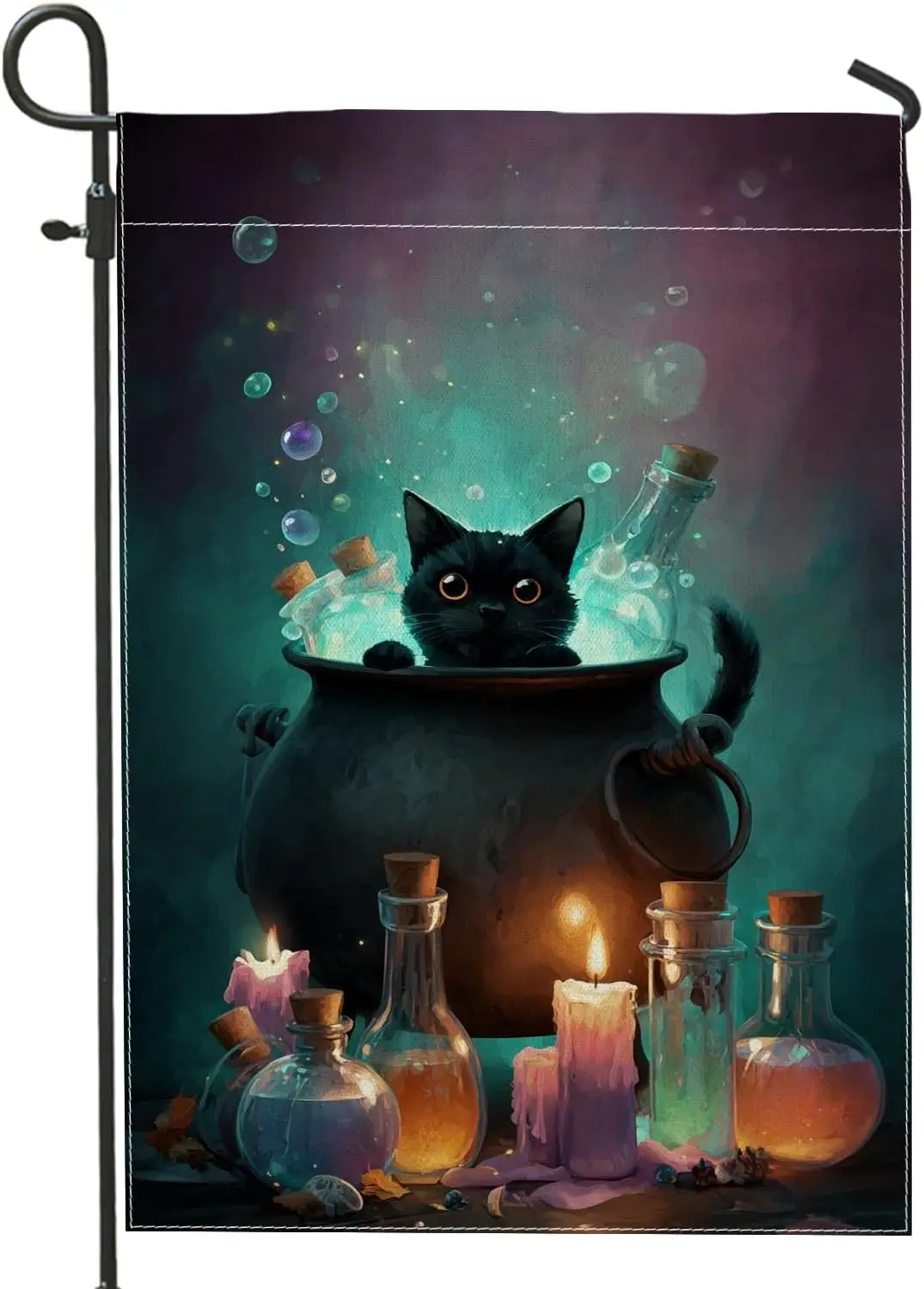 Halloween Cat Cauldron Garden Flag, Colorful Potion Decor Banner, Double Sided Fabric Yard Flag for Fall Outdoor Lawn Decora UUX