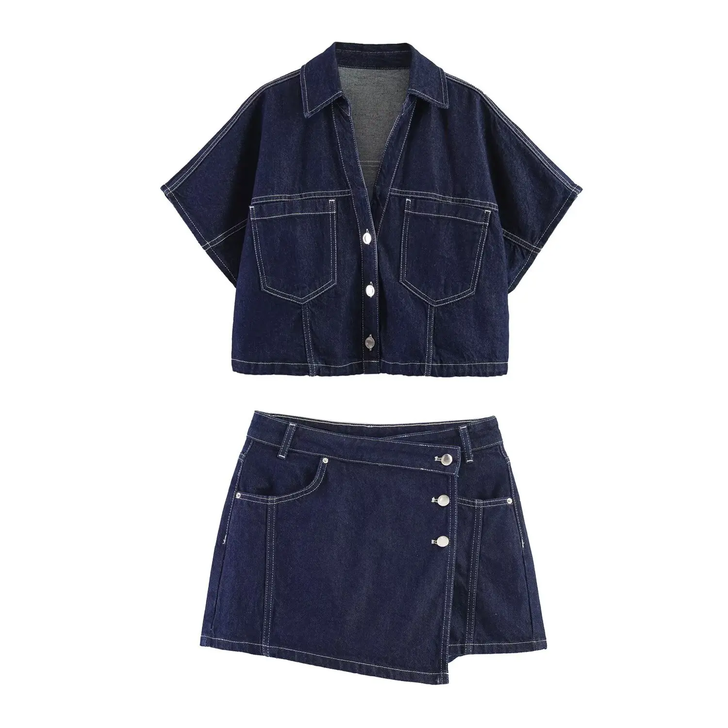 Fashionable Denim Skort Set Women's Cross-Border Clothing Organic Cotton Casual Leisure Short Shirt Skirt Pants Ensemble