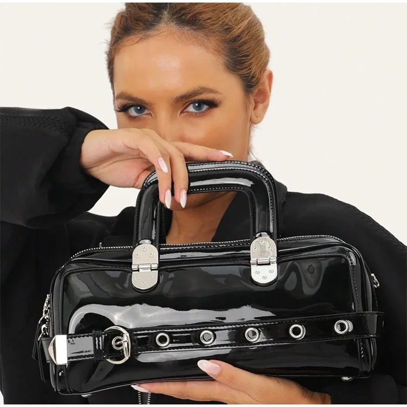 Black Patent Leather Handbag, Fashion Belt Buckle Crossbody Bag Silver Hardware Accessories Square Motorcycle Bag For Cool Girl