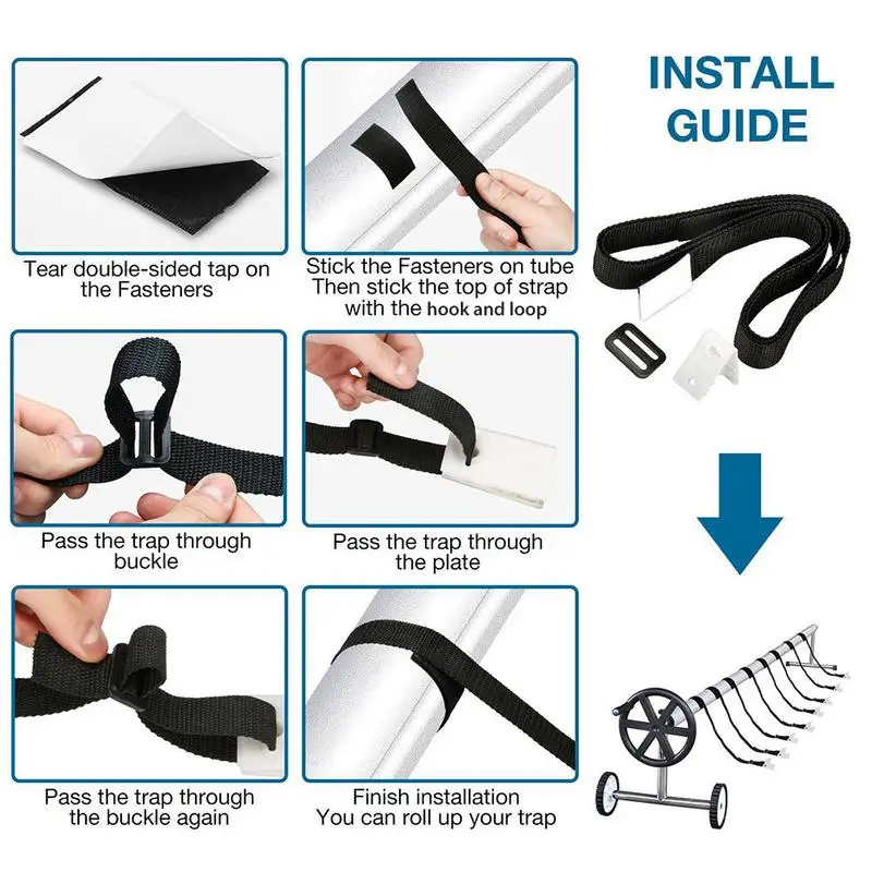 Swimming Pool Cover Reel Set Storage Spool Pool Solar Cover Roller Attachment Strap Clip Kit for Aboveground Pool Accessories