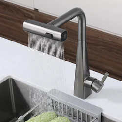 Pull Out Kitchen Sink Faucet Waterfall Raindance 304 Stainless Steel Grey White 360° Rotation Hot and Cold Water Mixer Basin Tap