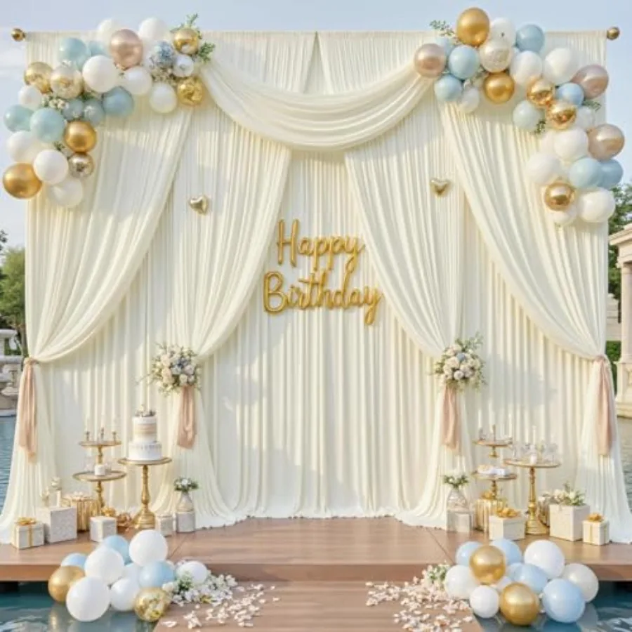 

Wedding party backdrop curtains, ivory polyester, 20x16ft, 4 panels, 16 ft long, wrinkle-free, for birthday, baby shower, stage