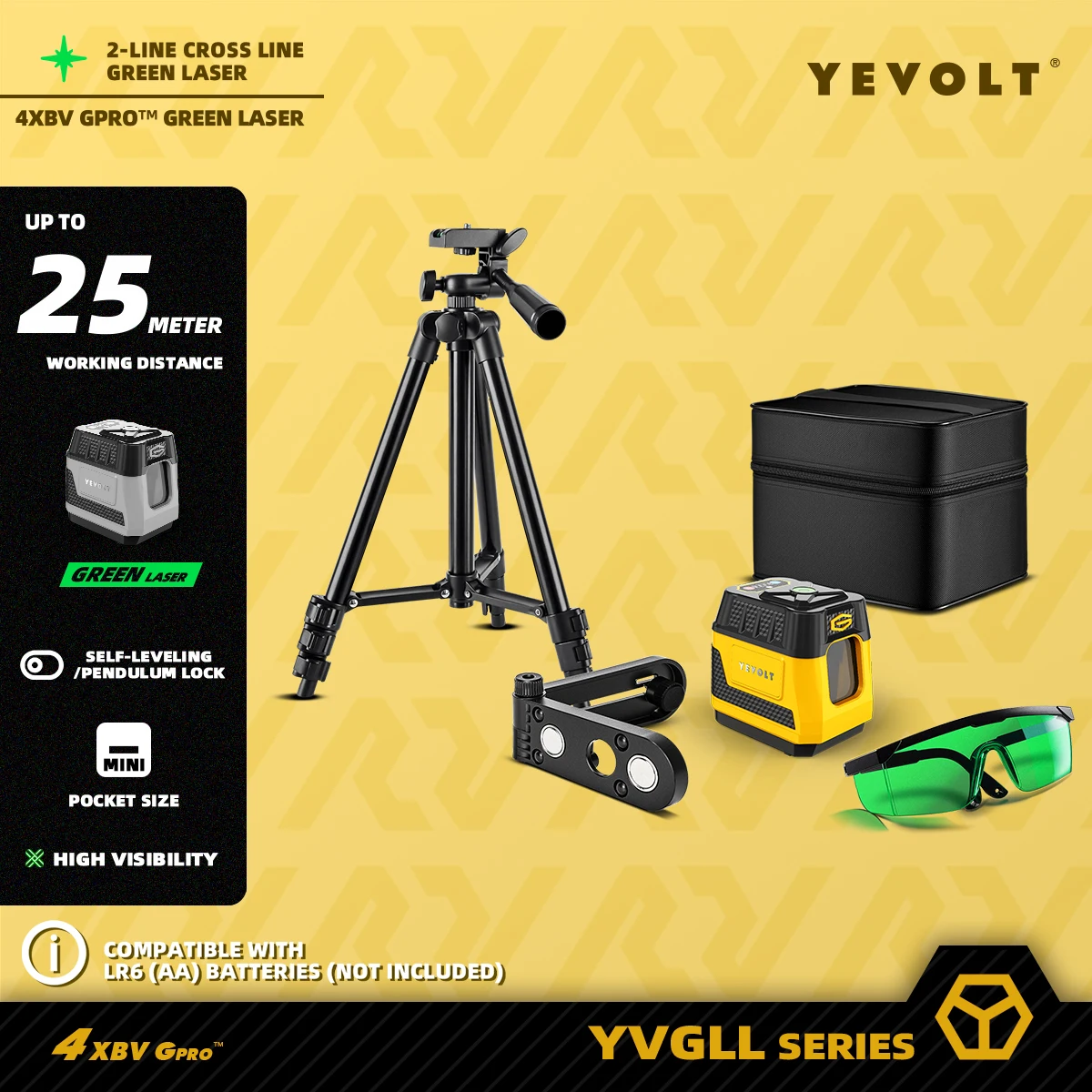 YEVOLT YVGLL4XS2G Laser Level Slope Mode & 1/4" Mount & Pulse Tech - 3-Step Brightness Switch Between Daylight and Night Work​
