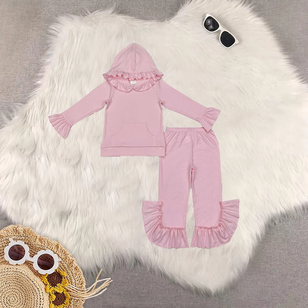 

9,9 зимняя одежда для маленьких девочек, розовый топ с капюшоном и рюшами для маленьких девочек, штаны-колокольчики, комплекты одежды
