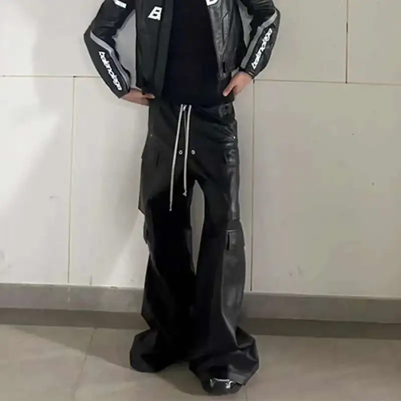 Hksh outono inverno homem maré escuro ro chique revestido estilo safari calças de carga baggy ins couro suave casual chique high street hk3471