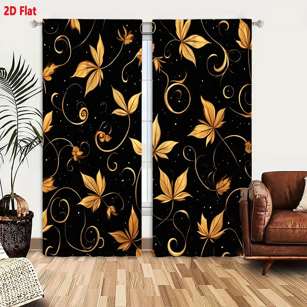 2Pcs Curtains Add 2D Flat Gold And Bronze Botanical Pattern With Leaves Vines And Buds On Black Background Window Drapes for Bed