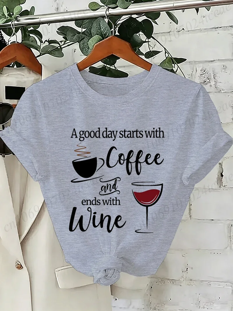 Women A Good Day Starts with Coffee and Wine Graphic T-shirt Casual Tee Streetwear Aesthetic Graphic Tops Girls Daily T-Shirts