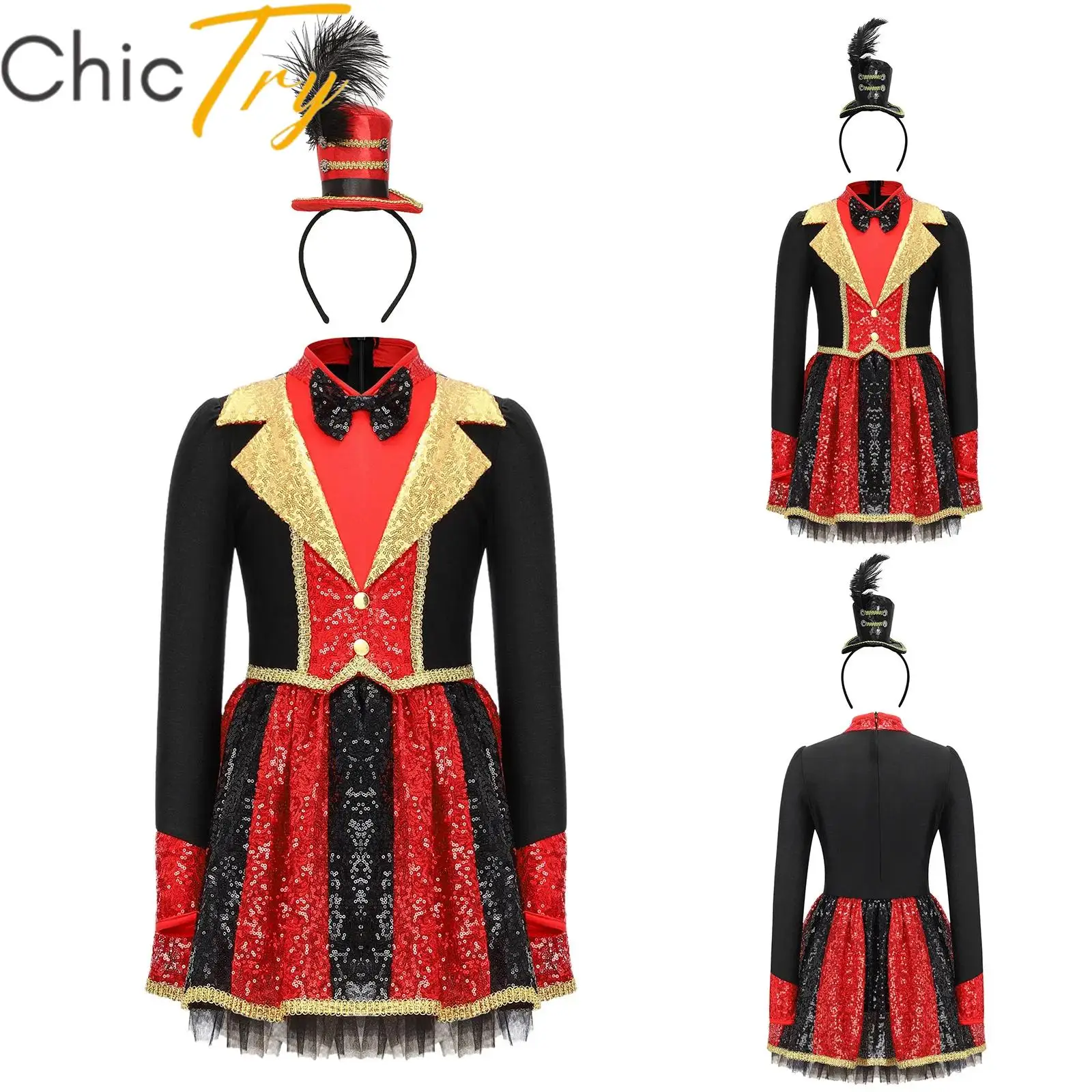 

Kids Girls Circus Cosplay Costumes Halloween Dress Shiny Sequins Mock Neck Long Sleeve Bow Tie Puffy Dress and Top Hat Headband