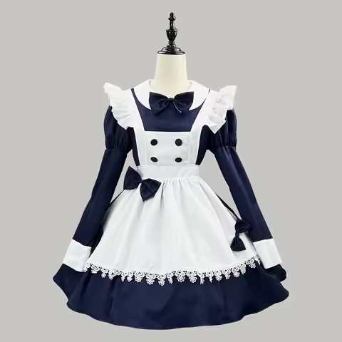 S -5XL Dark Blue Cute Lolita Maid Dress Cosplay Costume Girl Woman Anime Long Sleeved Maid Waiter Dress Party Stage Costumes