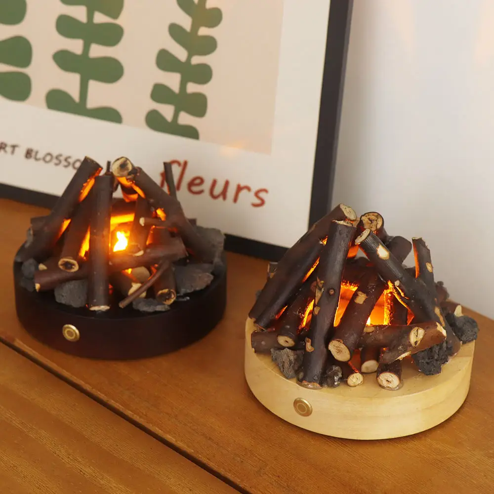 Creative Campfire Night Light Wooden Base Desk Atmosphere Lamp Warm Ambient Glow White Noise Relaxing Aid For Home Bedroom Decor