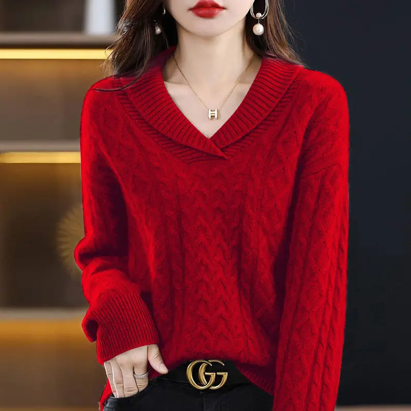 

Autumn and Winter New Thin Retro Polo Knit Women's V-neck Fried Dough Twists Sweater Loose Westernized Bottoming Shirt Top