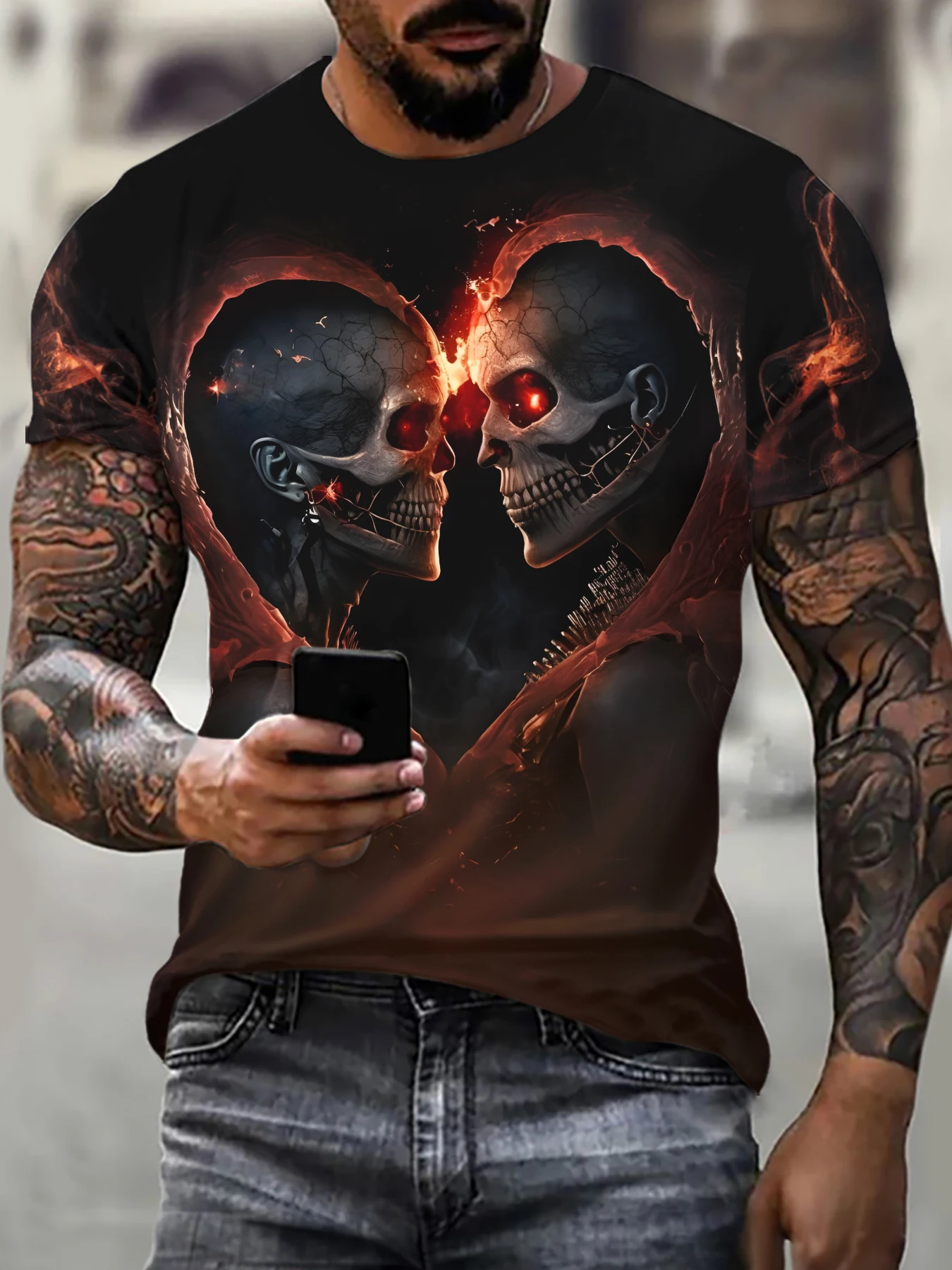 Men's Summer 3D Printed Skull T-Shirt, Casual Short Sleeve Graphic Tee for Streetwear and Fashion