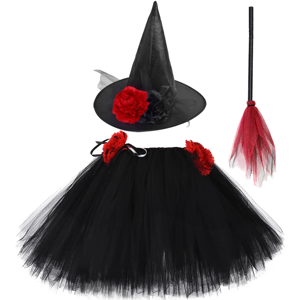 Flower Witch Tutu Skirt Outfit for Girls Halloween Costumes for Kids New Years Carnival Party Tulle Skirts with Hat Magic Broom