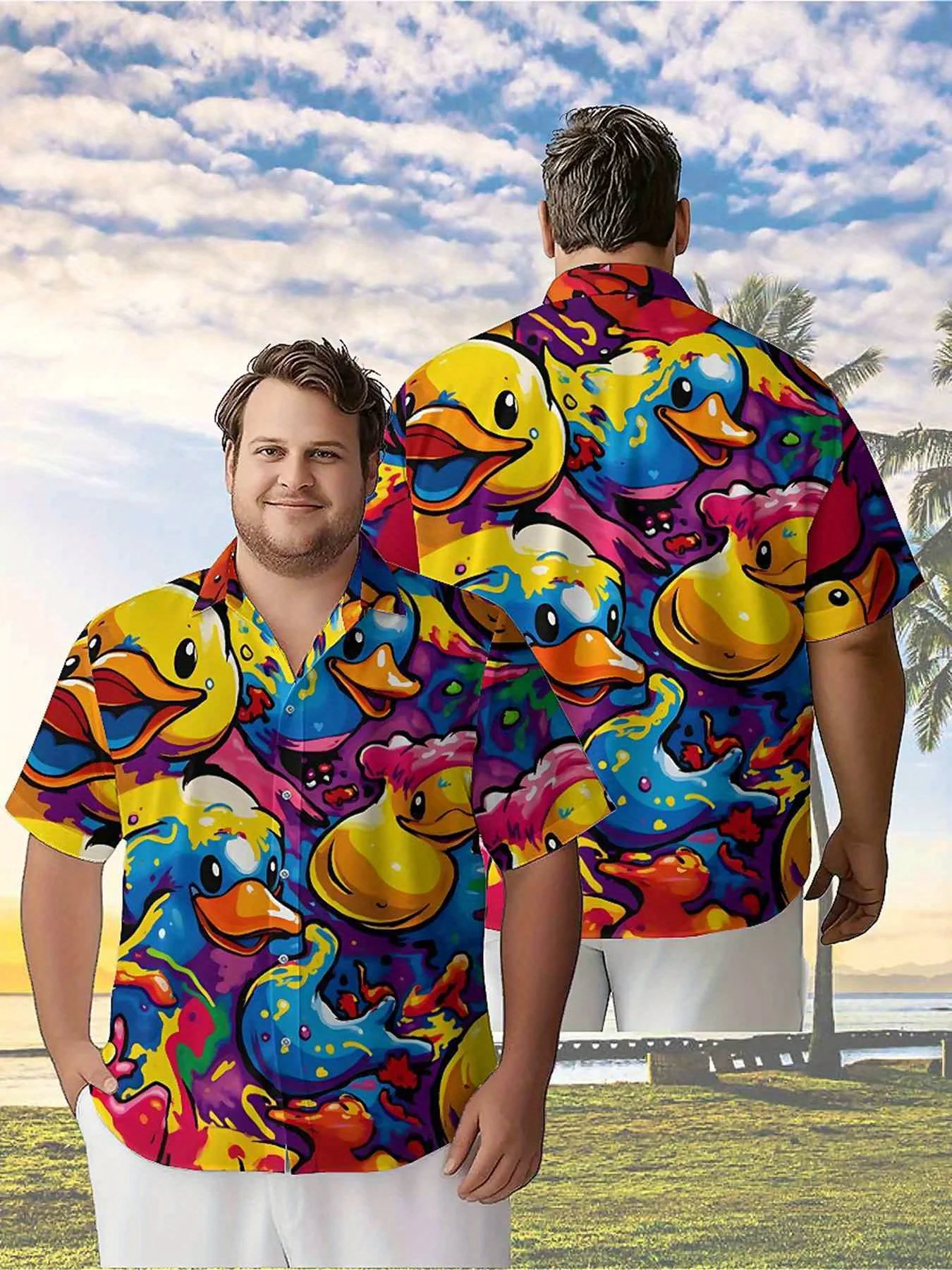 Men's Plus Size Hawaiian ShirtsColorful Rubber Duck Themepattern, Button Up Shirts, Unisex Casual Clothing, Summer Tops
