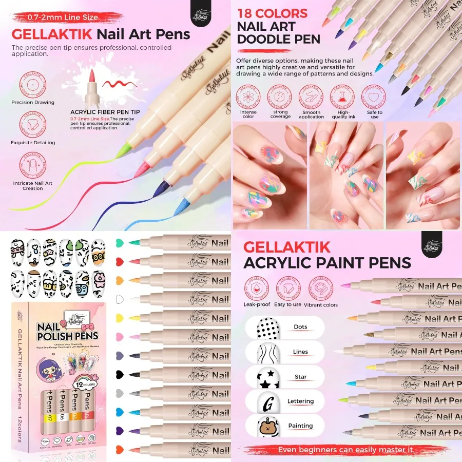 

12 Colors Nail Art Pens Set 3D Nail Polish Pens Quick-Drying Acrylic Paint Markers with Dotting Liner Brush for DIY Nail Design
