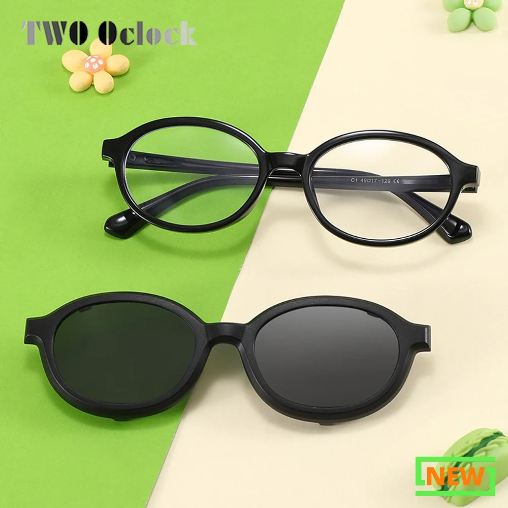 TR90 óculos polarizados para crianças, clip em óculos, óculos ovais, Frame Shades 0 Diopter, miopia óptica Frame, 2 em 1