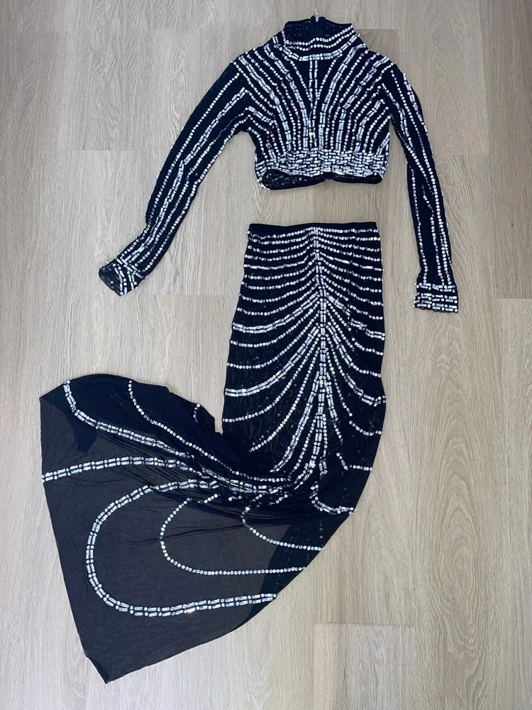 Haut court en maille noire avec strass transparents, jupe longue, tenue pour femmes, fête d'anniversaire, discothèque, Bar, ensemble 2 pièces, Costume de scène