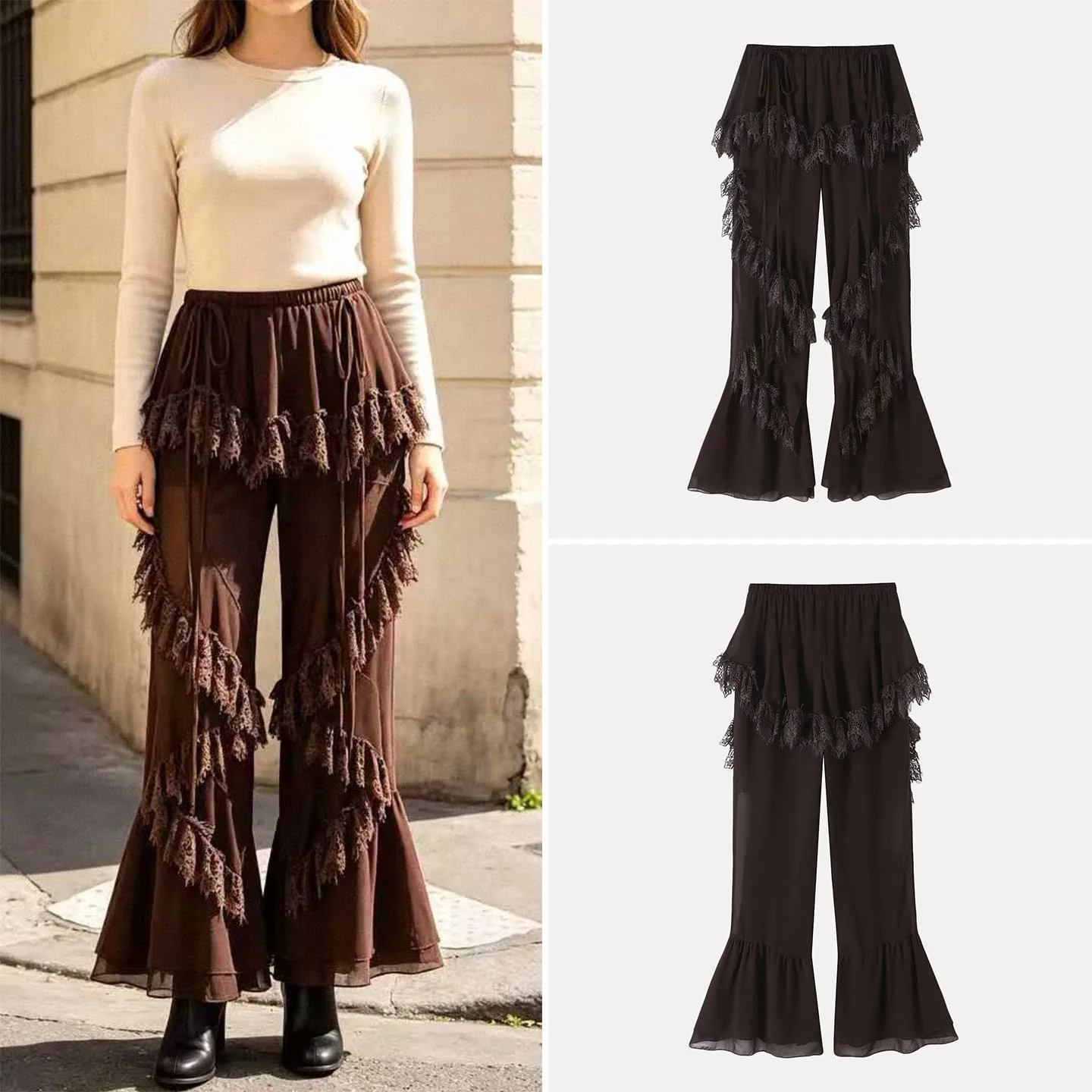 Women's Lace Splicing Bell Bottom Pants with Belt Autumn Fashion Personalized Casual Trousers Natural Waist Other Material