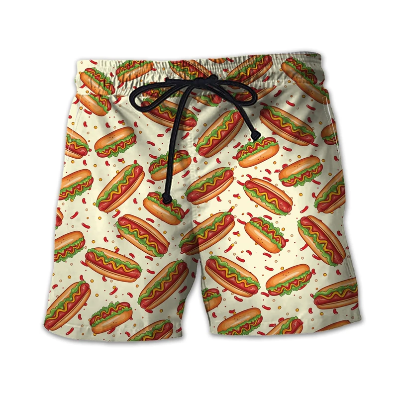 Viser courts graphiques de restauration rapide pour hommes, shorts de plage, shorts de hamburger, shorts de hamburger, shorts de sandwich frits jetables, vêtements hawaïens