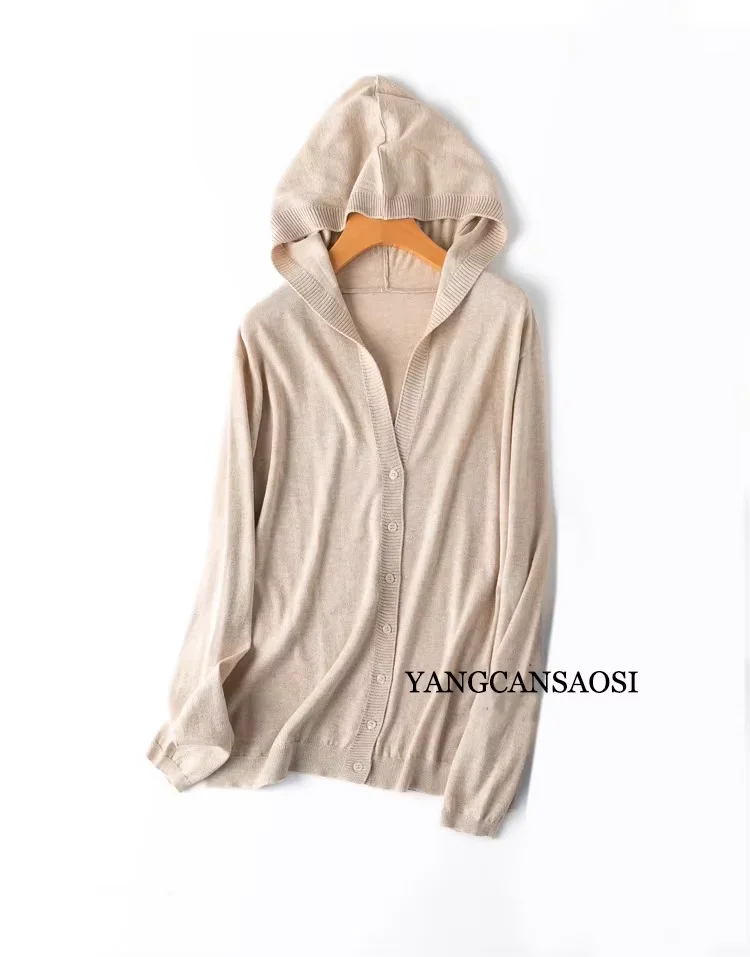 Autumn Casual Soft Glutinous Mulberry Silk Cashmere Blend Hooded Shoulder Down Long Sleeved Loose Cardigan Sweater Jacket