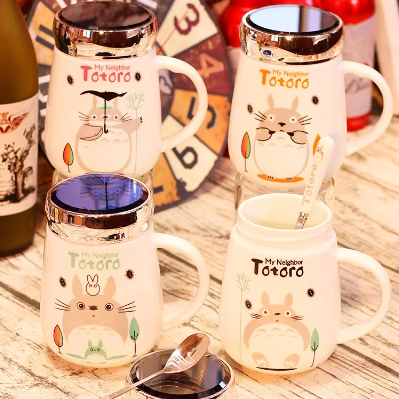 Kawaii My Neighbor Totoro Ceramic Cup Creative Mirror Cup Lid Coffee Cup Large Capacity Anime Cartoon Couple Big Belly Mug gift