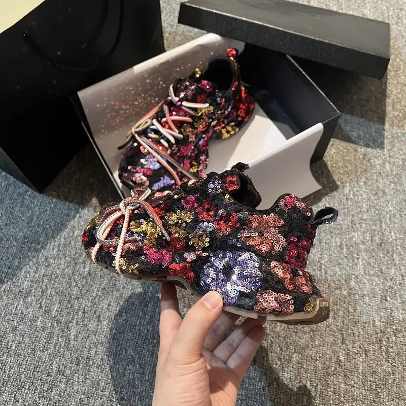 Women's Vintage Floral Sequin Chunky Platform Dad Shoes Lace Up Height Increasing Shiny Casual Daily Footwear Drop Shipping Gift