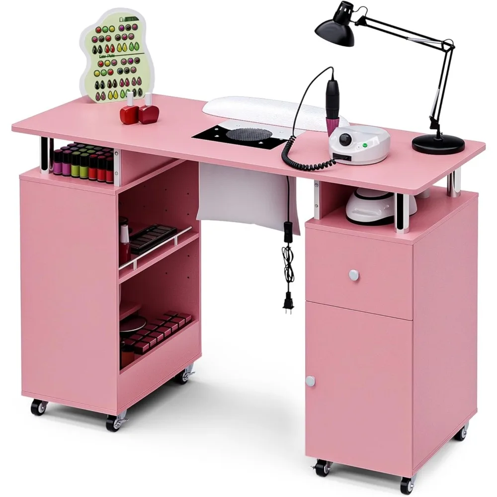 

Manicure Table Nail Desk for Nail Tech, Acetone Resistant Beauty Salon Station with Dust Collector, Wrist Pad, Lockable Wheels,