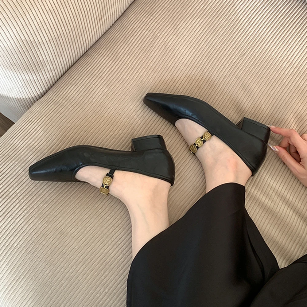 Women Crystal Strap Designer Mary Jane Shoes Dress Square Toe Leather Slip On Women's Low Heeled Shoes zapatos de mujer