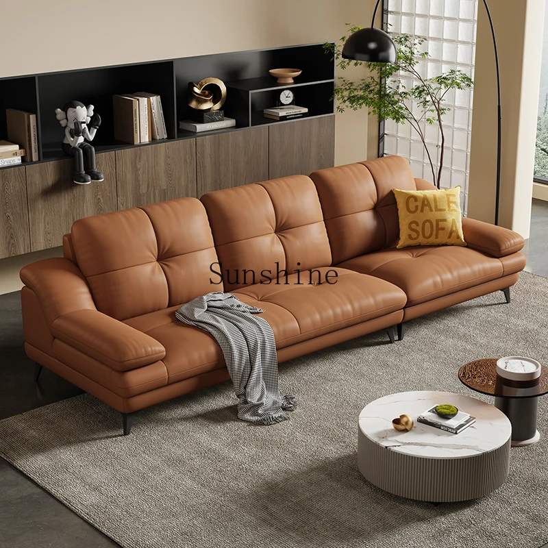 Leather sofa living room simple straight row Italian cream style