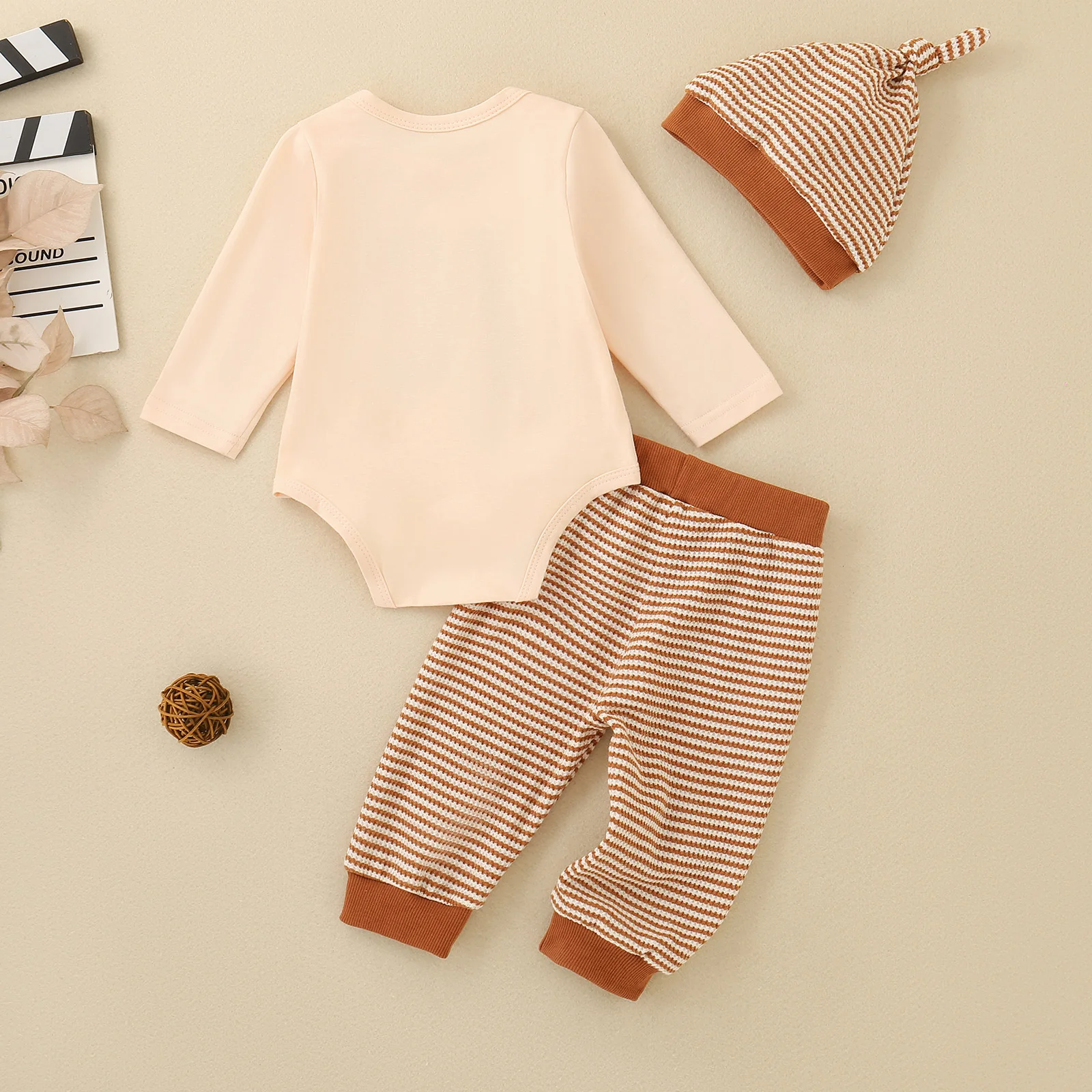 My First Turkey Day Baby 3Pcs Outfit Long‑Sleeve Romper Striped Pants Knotted Hat Newborn Thanksgiving Clothing Set
