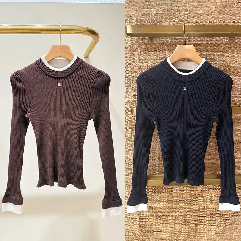 【Geschenk kostenlos】 Graues, geripptes Stretch-Strickoberteil für Damen im Herbst und Winter 2025, mit Rundhalsausschnitt und Kontrastbesatz