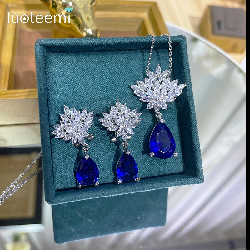 LUOTEEMI Higanbana Flower Luxury AAA Cubic Zirconia Silver Color Earring Necklace Set For Girl Bridal Wedding Anniversary Sets