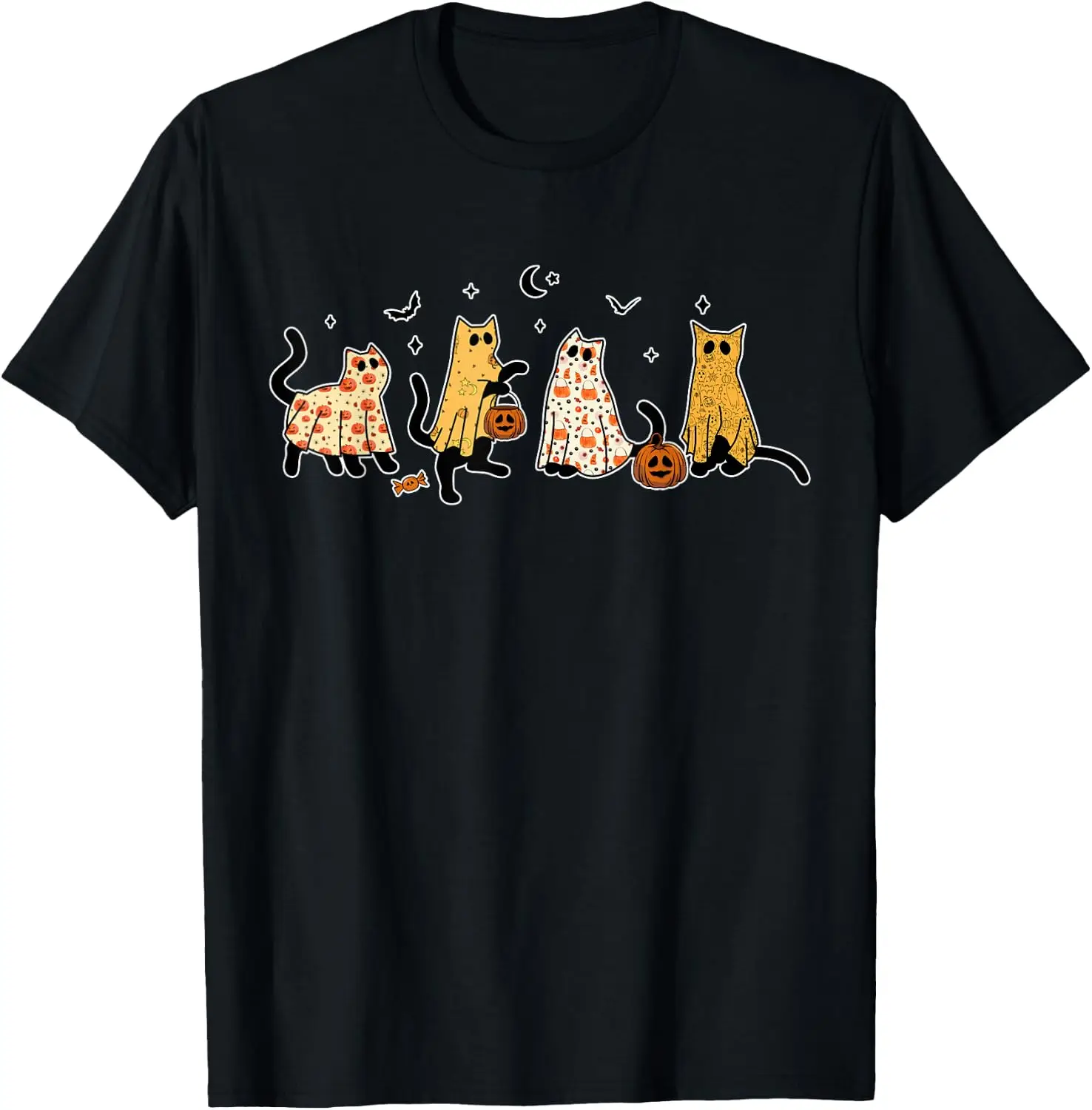 Cute Black Cats In Ghost Costume Women And Men Halloween T-Shirt Men Halloween Festival Printed Graphic Tee, Casual Crew Neck Short Sleeve Spooky Gothic T‑Shirt for Holiday Party and Halloween Gift for Men.