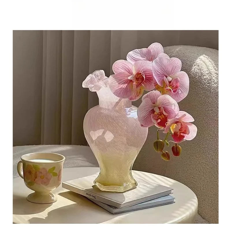 

Pink glass vase, glazed flower arrangement, living room decoration ornament, French romance