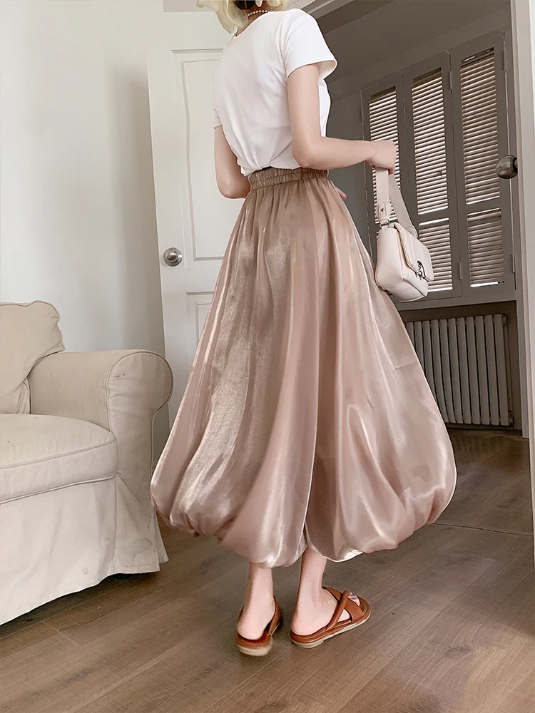 2023 Spring Summer Women Satin High Waist A-line Drape Skirt Fashion Elegant Solid Color Zipper Simple French Tutu Skirts