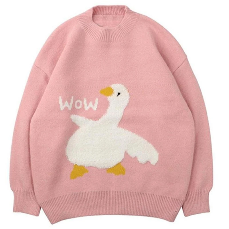 Hip Hop Harajuku Knitted Sweater Men 2021 Autumn Cartoon Duck Wow Print Sweater Oversize Streetwear Loose Pullover Men Clothing