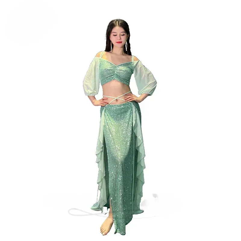 Top+split Long Skirt 2pcs Oriental Professional Set Belly Dancing Wear Outfit Belly Dance Costume Set for Women Short Sleeves