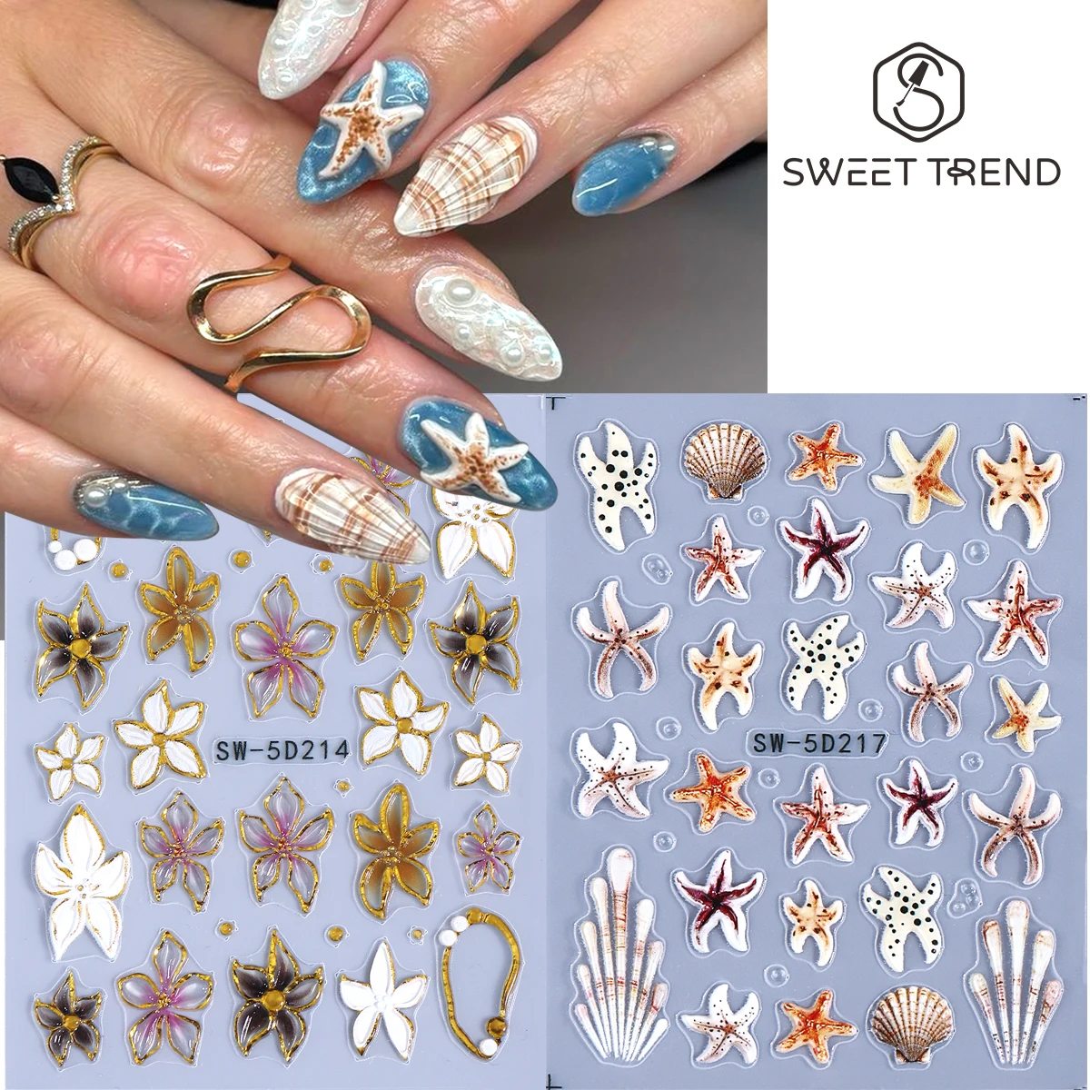 2pcs 5D Starfish Lily Embossed Nail Sticker Gold Line Petal Flower Scallop Shell Bubble Image Summer Ocean Series Manicure Decal