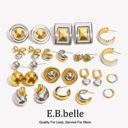 E.B.belle Double Gold Silver Color Square Round Heart Stud Earring Stainless Steel 18k Gold Plated Waterproof Fashion Jewelry