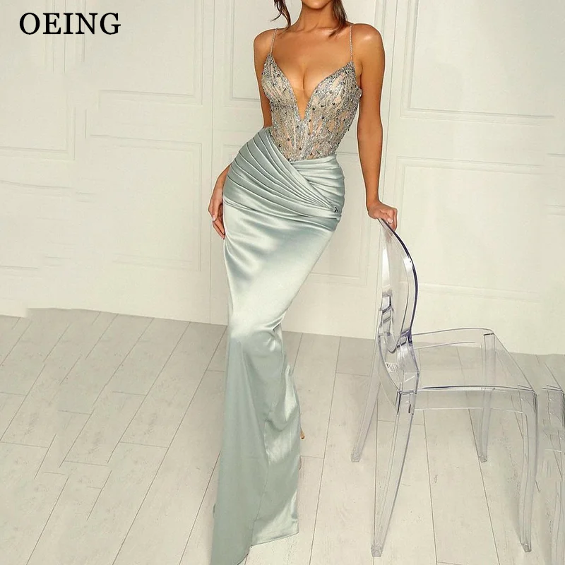 

OEING Sexy Sky Blue Mermaid Prom Dress Silky Pleats Sweetheart Sleeveless Beading Side Slit Party Dress vestidos Customized