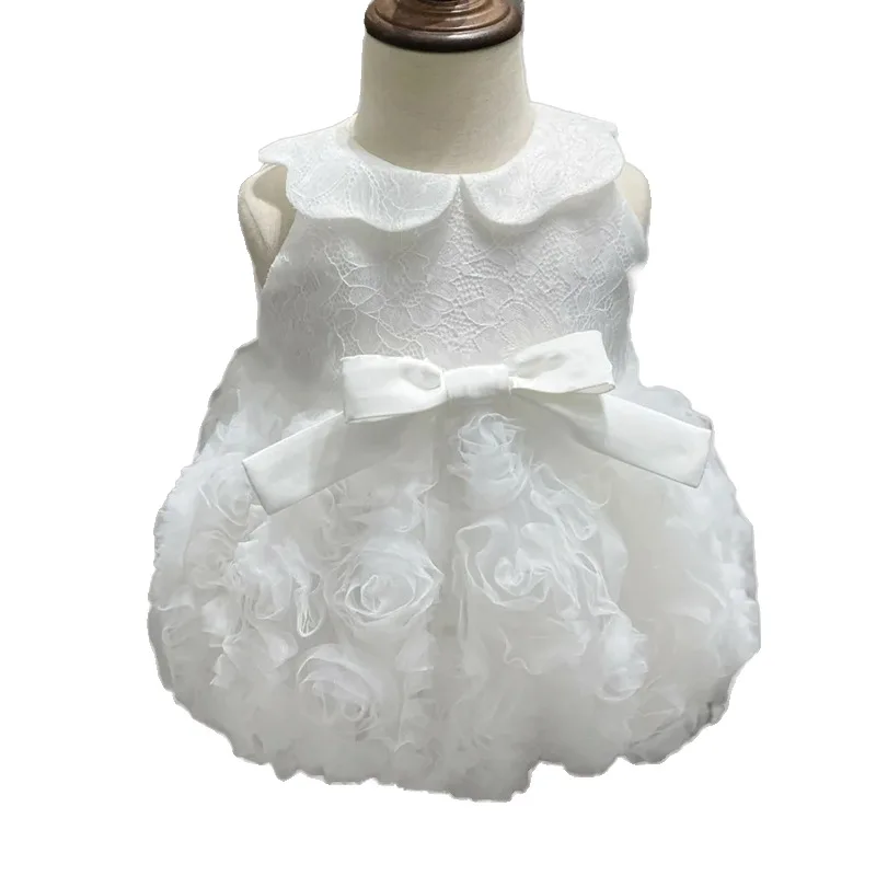2025 Sleeveless Princess Dress for Baby Girl - White 3D Rose Puffy Tulle Formal Gown 100 Days & 1st Birthday Girls Dresses