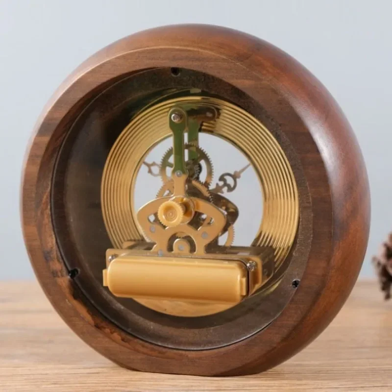Solid Wood Household Clock Retro Mechanical Perspective Clocks Desktop Bedside Table Rotating Clocks Decorative Accessories