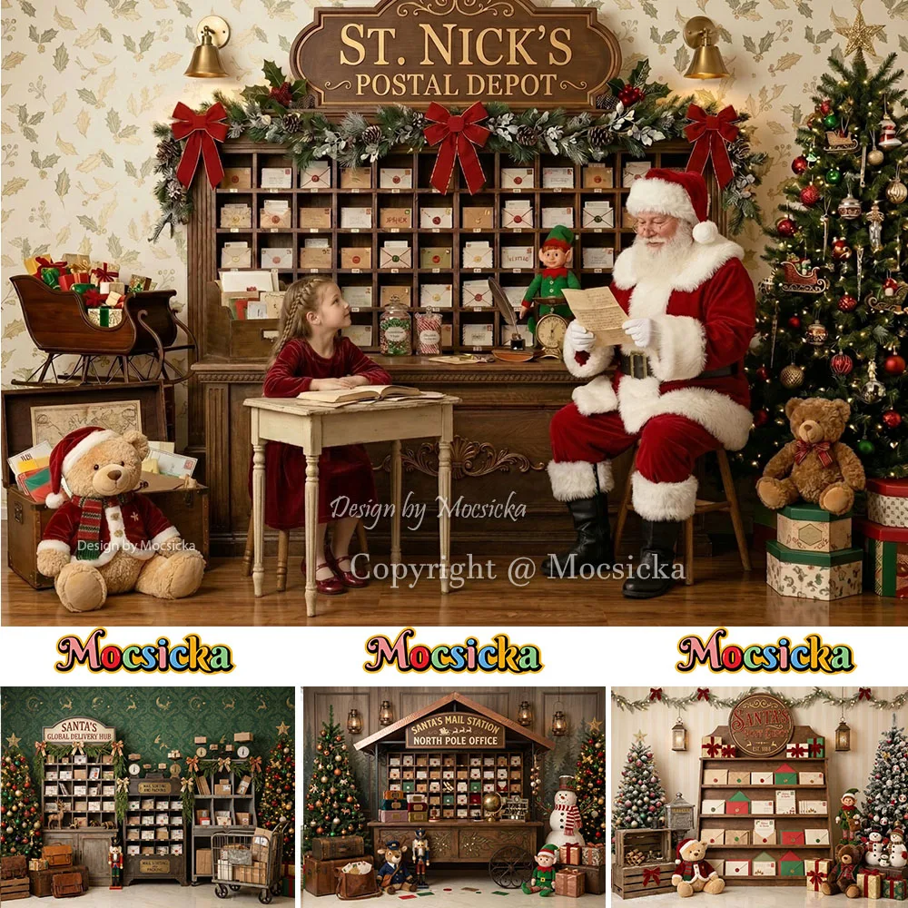 Mocsicka - Toile de fond de studio photo pour Noël, thème Pôle Nord, bureau de poste, station de courrier du Père Noël, bonhomme de neige, ours, pour