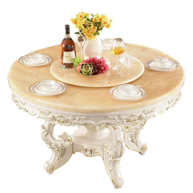 

European dining table round table all solid wood dining ivory white natural marble dining table gold-painted chair combina