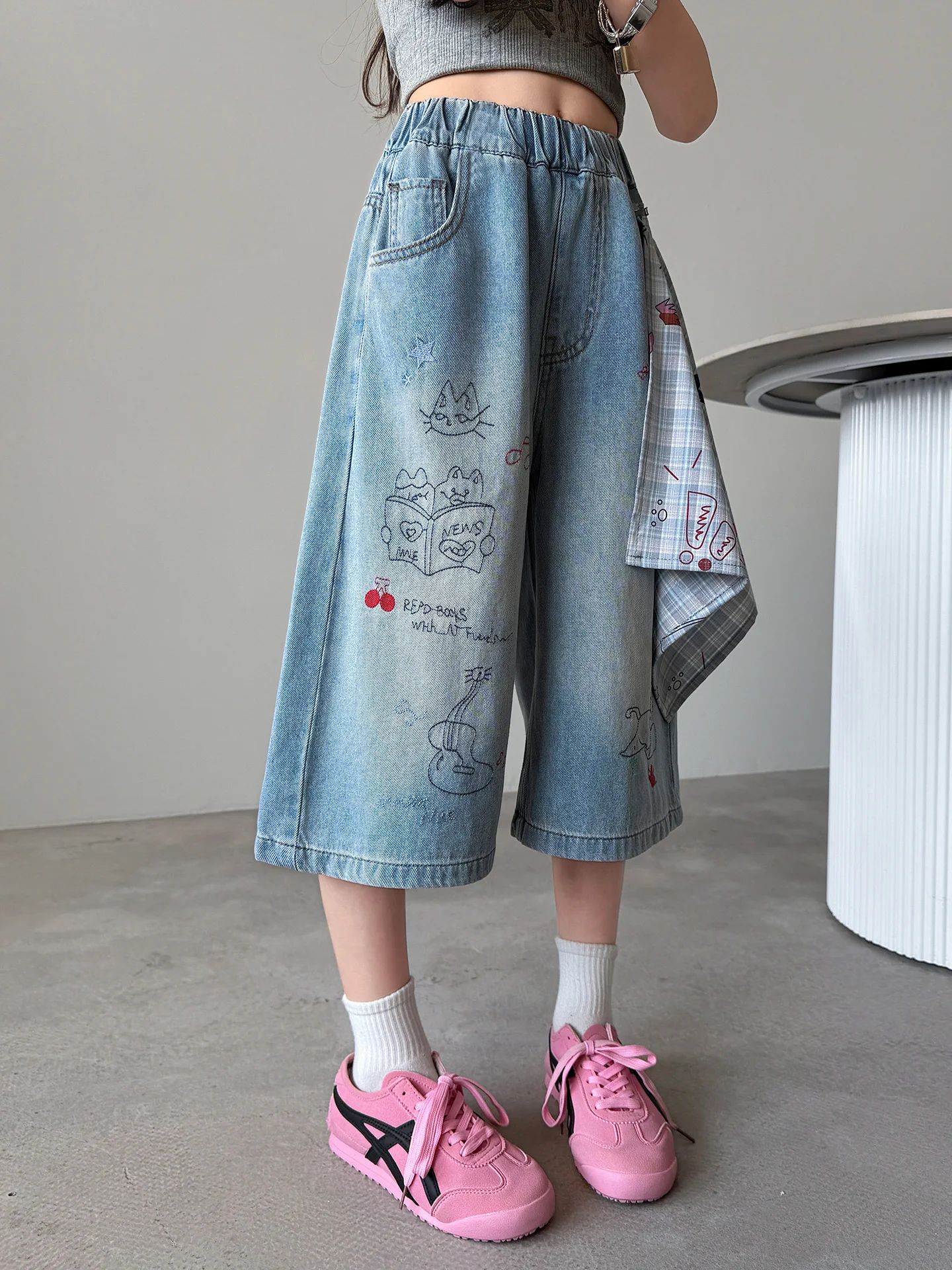 Girls Loose Fit Denim Capri Pants Summer Children's Clothing Wide Leg Pants Trendy Decorative Detail Elastic Waist Cotton Blend